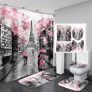 Rideaux 4pcs Paris Eiffel Tower Pink Shower Curtain Ensembles avec tapis non glissières Bath Baignage Ushaped Mat Toilet Couvercle Couvercle de la salle de bain Valentin Decor