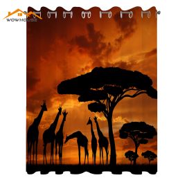 Rideaux Afrique Rideaux de fenêtre Safari Animal avec équipage de girafe avec arbre majestueux au lever du soleil au Kenya Salon Décor Chambre Orange