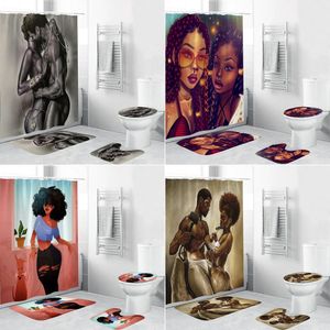 Rideaux Afro Lover Sexy Girl Rideau de douche Ensemble Tapis de bain Tapis Femmes africaines Homme noir Rideaux de salle de bain Tapis antidérapant Couverture de toilette