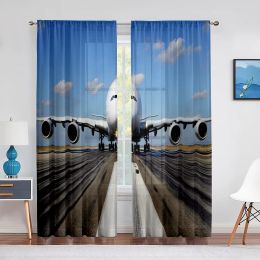 Rideaux Avion Aviation Piste Bleu Ciel Nuages Rideaux en Tulle pour Salon Chambre Décoration Sheer Voile Rideau Traitements de Fenêtre