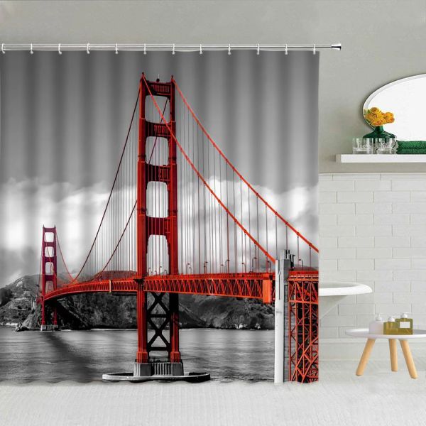 Cortinas Cortina de ducha con paisaje de arquitectura de ciudad americana, puente Golden Gate, edificio Empire State de Nueva York, conjunto de cortinas de decoración para baño