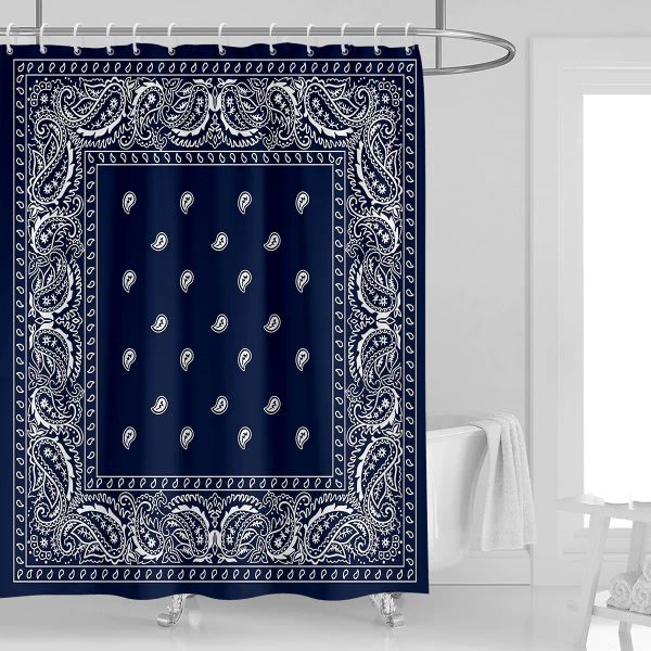 Rideaux Bandana Sud-Ouest Rideau de douche Paisley Bleu marine Boho Mandala Floral Décor de salle de bain Tissu polyester imperméable avec crochets