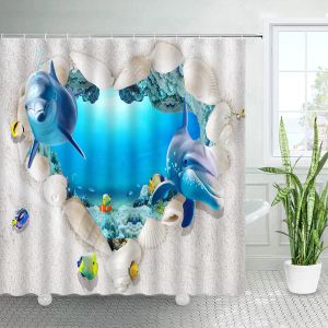 Rideaux de douche de plage, grotte, dauphin, dessin animé, animaux de mer, poissons tropicaux, coquille de corail, paysage sous-marin, ensemble de décoration de salle de bain pour enfants