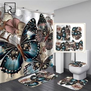 Rideaux Grands papillons avec fleurs imprimé rideau de douche ensemble 3D élégant flanelle couvercle de toilette couverture antidérapant tapis de cuisine tapis maison tapis