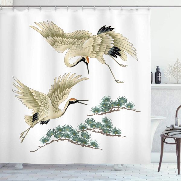 Rideaux Rideaux de douche oiseaux grues japonaises volant branches de pin vert peinture traditionnelle style tissu décor de salle de bain ensemble avec crochets