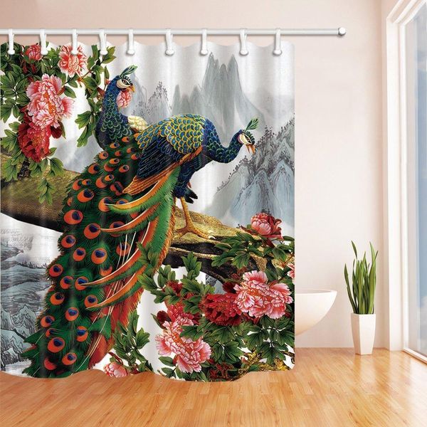 Rideaux de douche en tissu Polyester résistant à la moisissure, décorations de salle de bain, décorations d'oiseaux, paon élégant en fleur de pivoine