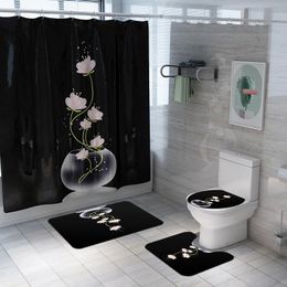 Gordijnen Zwarte Lotus Badkamer Douchegordijn Set Waterdicht Polyester Bloem Afdrukken Douchegordijnen Antislip Badmat Home Decor