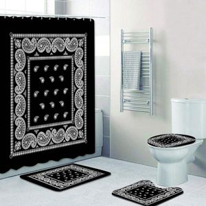 Rideaux Noir Blanc Paisley Bandana Motif Rideau de Salle de Bain Ensemble de Rideau de Douche pour Salle de Bain Bordure Florale Ornement Tapis de Bain Tapis décor