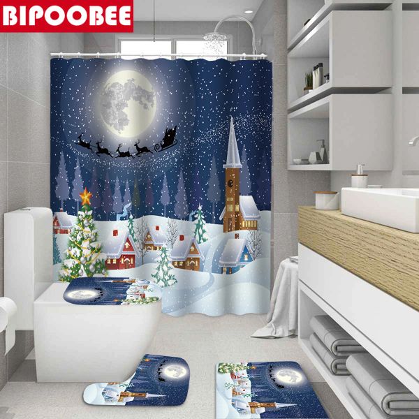 Rideaux Blue Christmas Elk Print Down Curtain Ensemble avec un tapis de toilette antidérapant Produits de bain de tapis