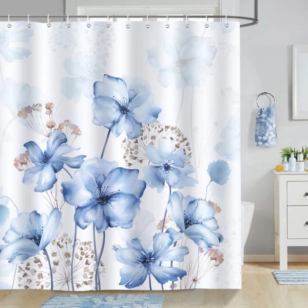 Rideaux Rideau de douche à fleurs bleues, rideau de bain à fleurs aquarelle, tissu en Polyester, rideaux de salle de bains imperméables avec crochets, écran de bain