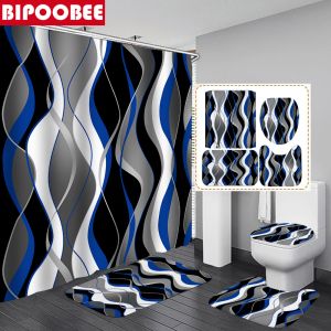 Rideaux Ensembles de rideaux de douche ondulés géométriques bleus, couverture de couvercle de toilette à rayures noires et grises, tapis de bain, tapis antidérapants, décor de salle de bain moderne