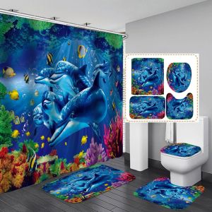 Gordijnen blauwe oceaan dolfijn 3D print waterdichte stofdouche gordijnen set badkamer gordijn toiletkap mat non slip tapijt home decor