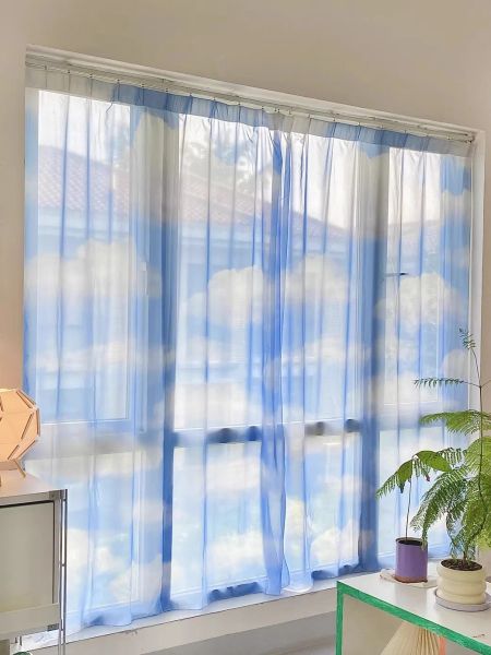 Cortinas con patrón de arte de cielo azul, cortinas transmisoras para dormitorio, fondo fotográfico, tela para colgar en la pared, partición de puerta, decoración