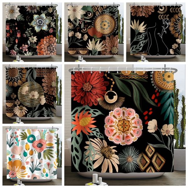 Cortinas Cortina de ducha de flores bohemias, floral, negro, abstracto, bohemio, vintage, estético moderno, tela impermeable, cortina de baño con ganchos