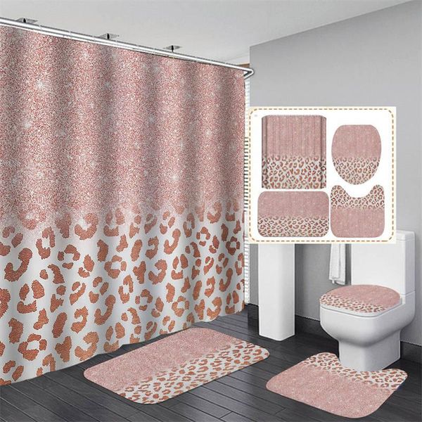 Rideaux marron léopard rose rideau de douche ensemble avec tapis motif de peau d'animal sauvage tissu tapis de bain antidérapant tapis de toilette tentant lèvres sexy
