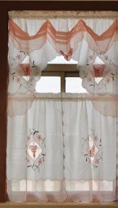 Cortinas con mariposas bordadas, 3 unidades, cenefa, cortina para ventana, semisombra, cortina de cocina, cortina rosa y blanca para Cocina