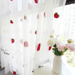 Cortinas Cortina de tul bordada de fruta de dibujos animados para niños niñas dormitorio coreano encantador patrón de fresa tratamiento de ventana transparente cocina