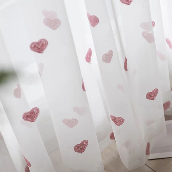 Rideaux Dessin animé doux rose coeur Tulle rideaux transparents pour enfant filles chambre bleu brodé salon maille tissus panneau de fenêtre #3