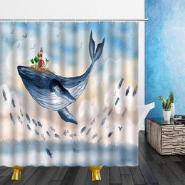Rideaux Dessins animés rideaux de douche requin dauphin poisson océan poulpe 3D salle de bain décor à la maison avec crochets rideau en tissu Polyester imperméable