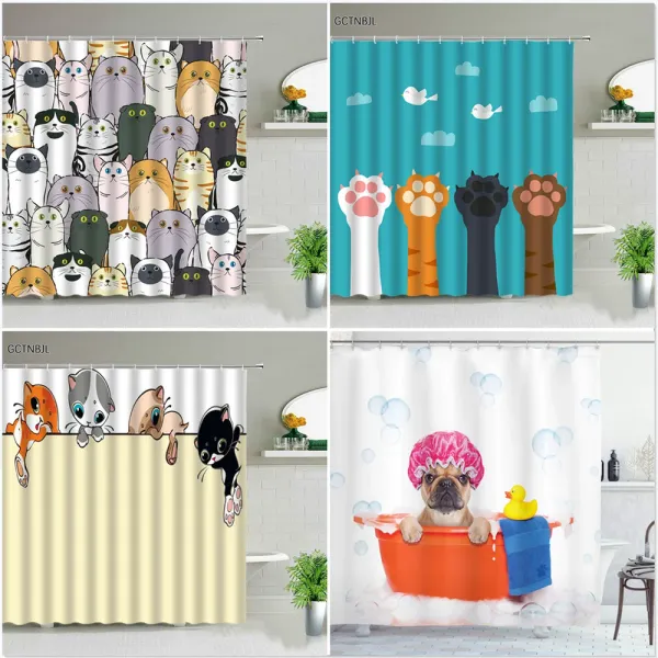 Cortinas Cortina de ducha con estampado de gato, dibujos animados, Animal encantador, flor, pájaro, planta, paisaje, regalo de Navidad, decoración de baño de Año Nuevo, cortina de tela