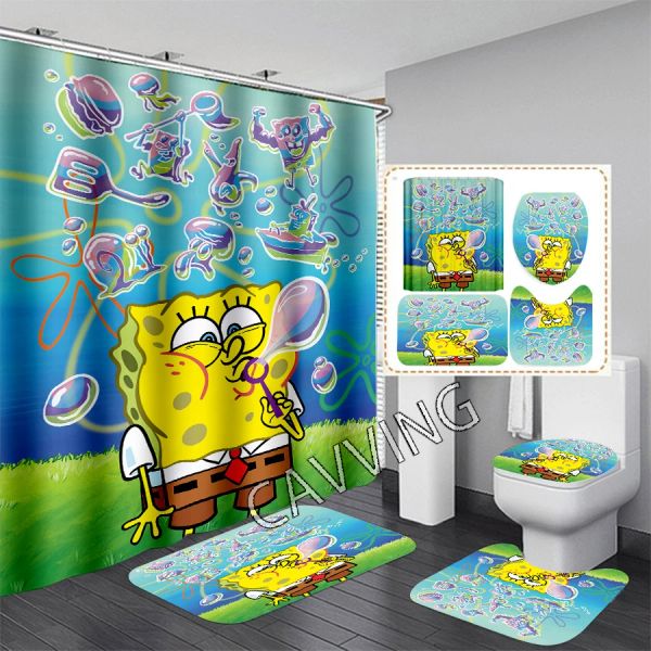 Cortinas CAVVING Impresión 3D Bob amarillo Cortina de ducha Cortina de baño impermeable Cortina de baño antideslizante Juego de alfombras de baño Alfombra Decoración del hogar