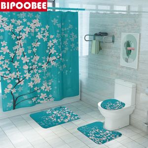 Rideaux Fleurs de cerisier imprimé tissu rideaux de douche salle de bain rideau ensemble fleur antidérapant tapis tapis couvercle de toilette couverture tapis de bain ensembles