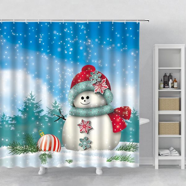 Rideaux Enfant Rideaux De Douche De Noël Mignon Bonhomme De Neige Vert Arbre De Noël Pin Flocon De Neige Bleu Salle De Bain Rideau De Bain Nouvel An Décor Mur Tissu