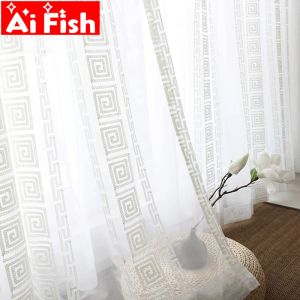 Rideaux Tissus de rideaux classiques chinois fil de broderie blanc écran de fenêtre géométrique Organza salon rideaux en Tulle rideaux #40