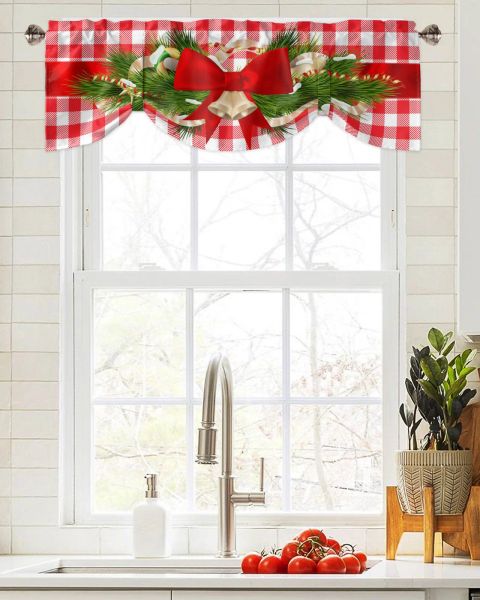 Cortinas Navidad rojo a cuadros arco ventana cortina sala de estar cocina gabinete Tieup cenefa cortina varilla bolsillo cenefa