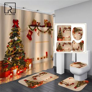 Rideaux Rideaux de douche imprimés d'arbres de Noël pour salle de bain, écran de bain avec tapis antidérapant, cloison de toilette, décor de festival 3D