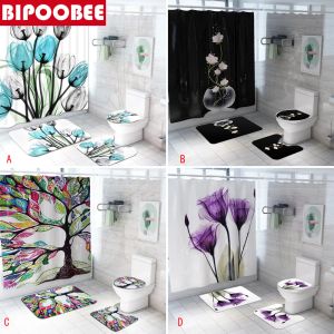 Rideaux colorés tulip lotus fleurs arbres rideaux de douche sets tapis non glisses couvercle de couvercle de toilettes et tapis de bain rideaux de salle de bain imperméables