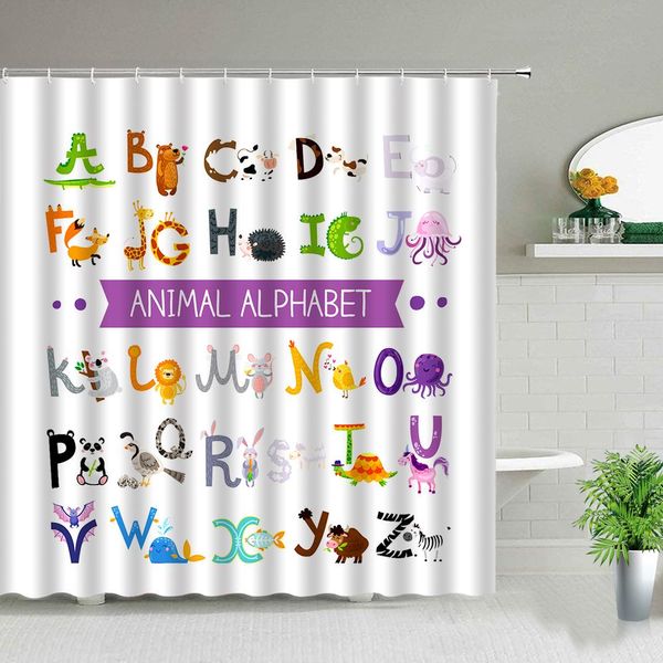 Rideaux Créativité Dessin Animé Animal Alphabet 3d Impression Rideau De Douche Enfants Salle De Bain Décor Écran Tissu Imperméable Rideaux De Bain avec Crochets