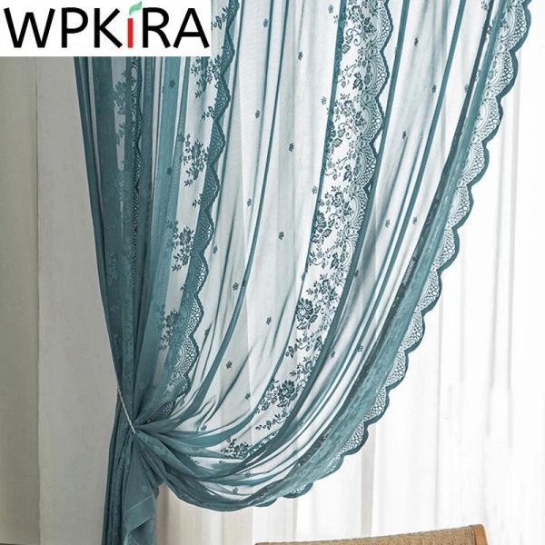 Rideaux Bleu Foncé Waveside Dentelle Brodé Sheer Rideau Pour Filles Princesse Chambre pour Salon Tulle Fenêtre Traitement Cuisine