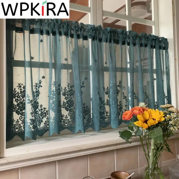 Rideaux Rideau court en Voile brodé de dentelle vert foncé, pour porte de placard de cuisine, demi-rideau de café coréen, décor de séparation AD766E