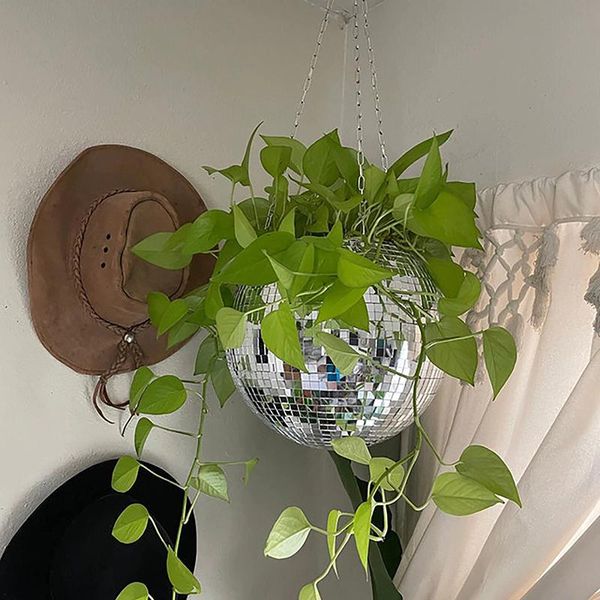 Rideaux boule Disco Pots de fleurs sans bordure corde miroir panier suspendu Pot de fleur suspendu pour plantes d'intérieur Style bohème