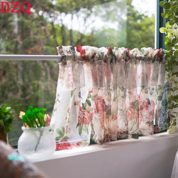Cortinas plisado doble estilo americano flores cortinas cortas Corea Pastoral Floral hilo de encaje medias cortinas para cenefa de cocina # A043