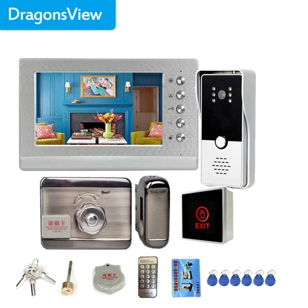 Cortinas Dragonsview Videoportero Sistema de intercomunicación con timbre 7 pulgadas 1000tvl con cerradura electrónica 12v/3a Control de acceso a puerta eléctrica