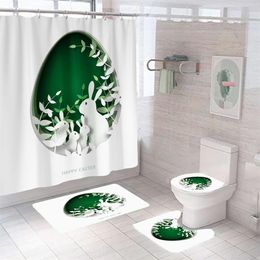 Gordijnen Pasen Polyester Douchegordijnen Set Konijn Ei Bloemenmand Prints Voetstuk Tapijt Toilet Cover Badmat Badkamer Decor