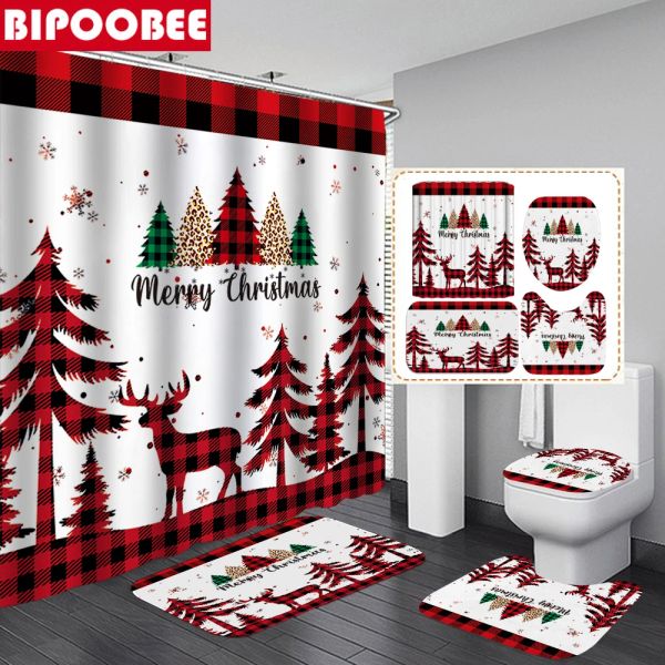 Rideaux Elk Christmas Tree Shower rideaux pour le festival de salle de bain décoration joyeuse de bain de Noël tapis non glisser le rideau de baignoire de couverture de toilette