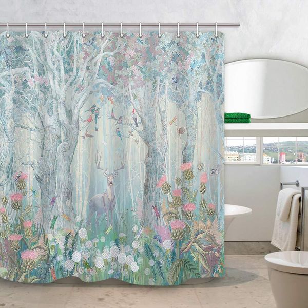 Rideaux en tissu pour salle de bain, élan dans la forêt de fantaisie, avec fleurs, oiseaux, papillons, libellules
