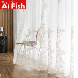Cortinas de tul bordadas, cortinas para sala de estar, boda, hilo dorado transparente, gasa en relieve tridimensional blanca delicada M2015