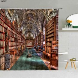 Cortinas Biblioteca De Arquitectura Europea Cortina De Ducha Estanterías Retro 3D Libros Creativos Suministros De Baño Cortinas De Tela Decoración Lavables