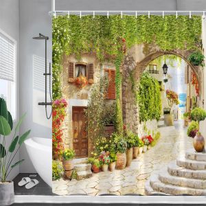 Rideaux Rideaux de douche paysage européen vignes vertes plantes fleurs paysage de rue Vintage rideau de salle de bain en Polyester décor avec crochets