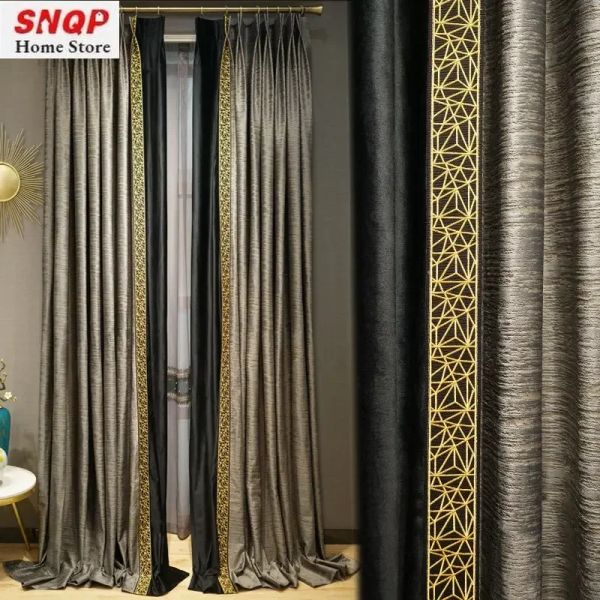 Rideaux Rideaux de velours de luxe européens pour salon salle à manger chambre à coucher occultant Tulle gris Vintage couture de dentelle dorée personnalisé élégant