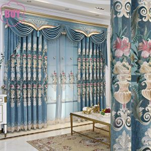 Gordijnen Europese stijl gordijnen voor woonkamer slaapkamer licht luxe geborduurde chenille gordijnen tule volantgordijnen blauwe curtians