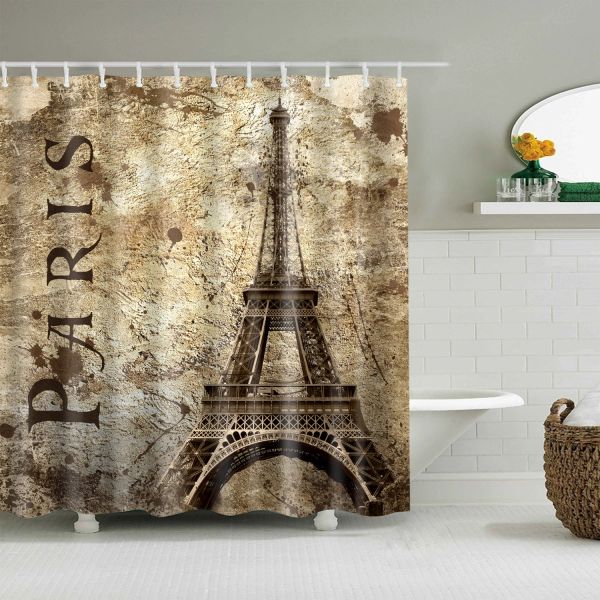 Rideaux Style européen Tour de Paris Vintage Rétro Drapeau Salle de Bain Rideau de Douche Frabic Rideau de Bain en Polyester imperméable avec Crochets