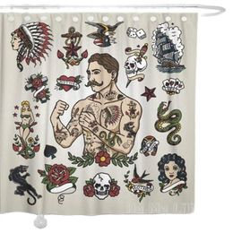 Rideaux Rideau de douche en tissu par Ho Me Lili avec crochets Vintage tatouage Flash Hipster homme crâne coeur sirène serpent classique salle de bain décor