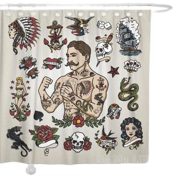 Cortinas Cortina de ducha de tela de Ho Me Lili con ganchos Vintage tatuaje Flash Hipster hombre calavera corazón sirena serpiente decoración de baño clásica