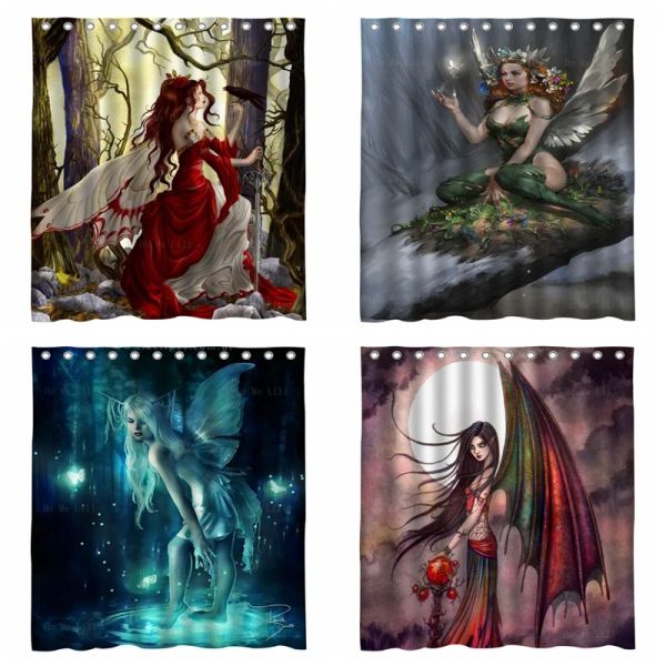 Cortinas de fantasía, Hada del agua, cuento de hadas, chica gótica mística, vampiros, bosque, espada roja, vestido, cortina de ducha de sirena de Ho Me Lili