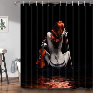 Rideaux de douche en tissu noir, à la mode, pour femme Sexy, jolie fille tatouée avec violon